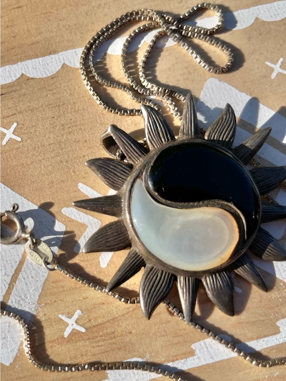 Sunburst Sterling Silver Yin Yang Pendant Necklace with Black and White Stone - Picture 6 of 6